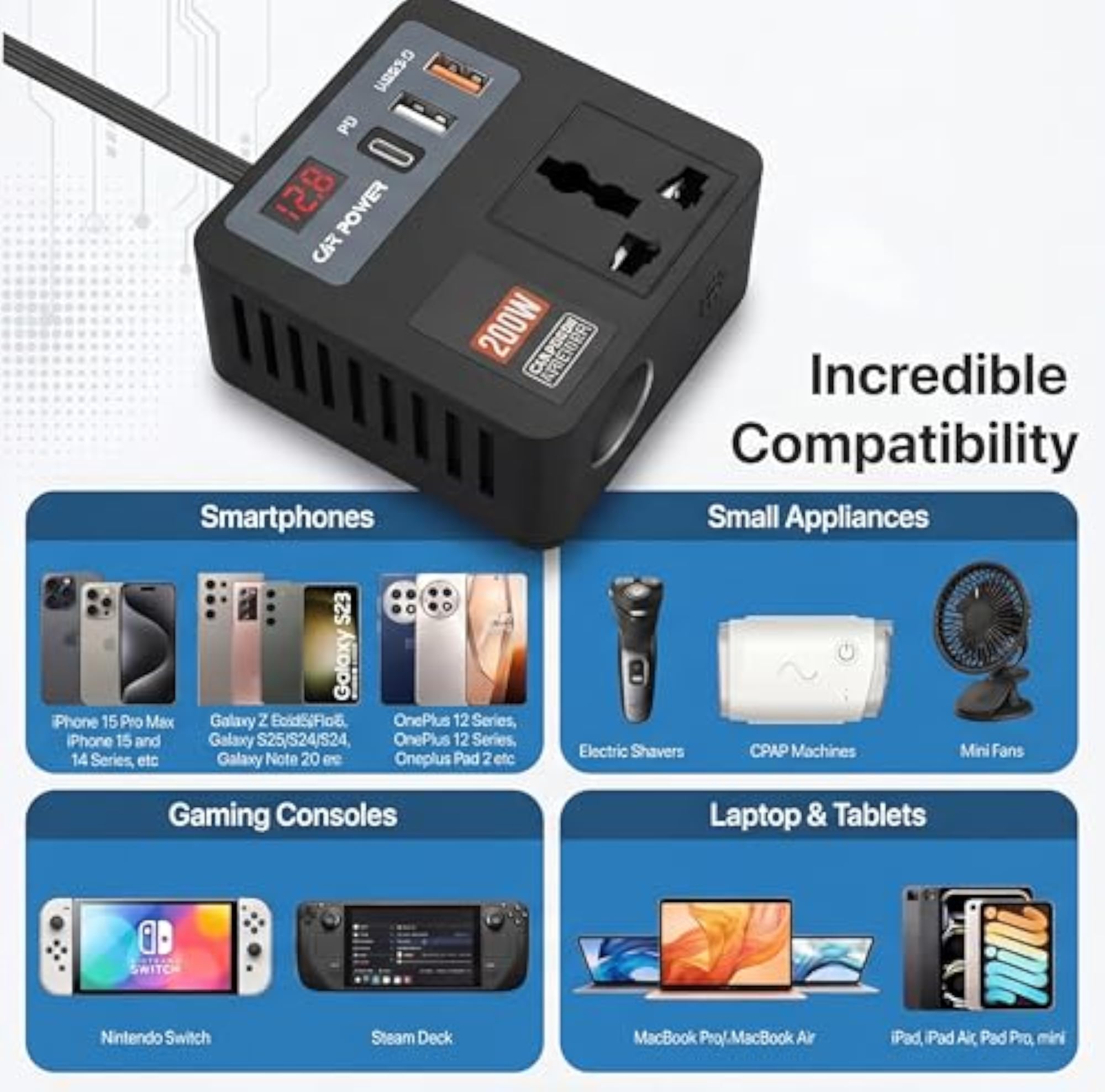 200W Car Power Inverter, 12V DC to 220V AC Converter